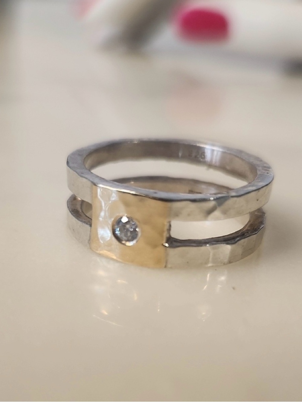 Silpada 925 Silver/14k Gold Split Hammered Band Ring with Gem Accent